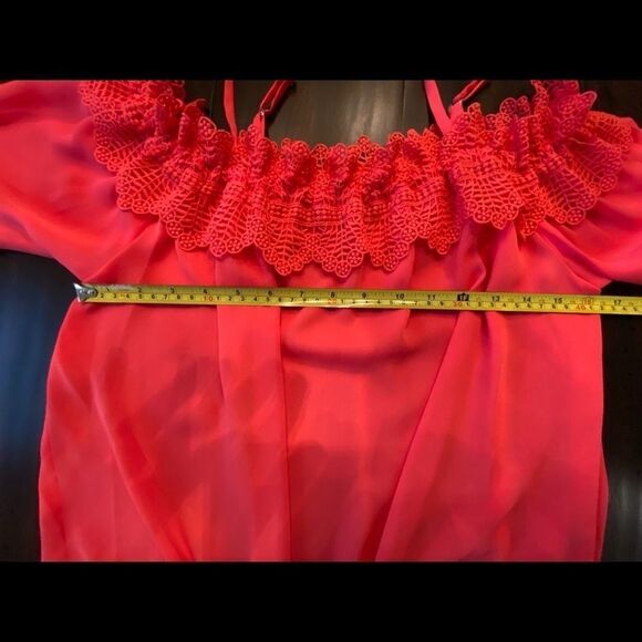 NEW Coral Pink Lace Trim Tie Front Top Blouse - Picture 12 of 15